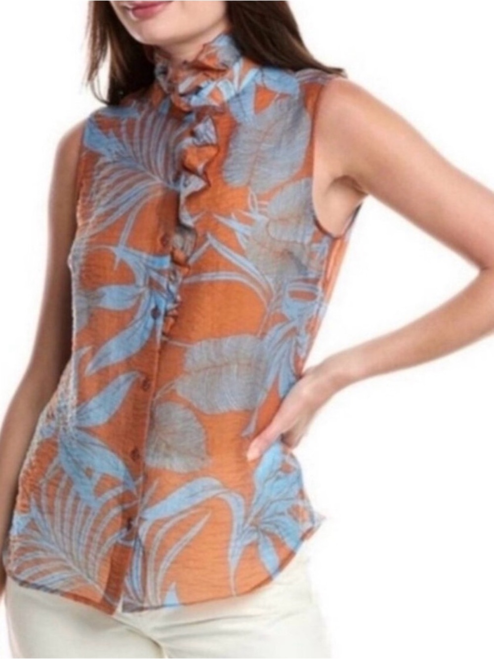 Cabi Tropical Top #6525 Sienna Blue Palm Ruffle Button Blouse M